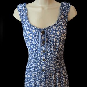 Floral Blue Sleeveless Milkmaid Maxi Tiered Dress, Med, Cottagecore